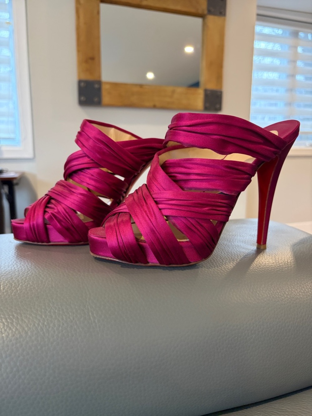 Christian Louboutin Magenta Satin Strappy Platform Heels - Picture 3 of 10